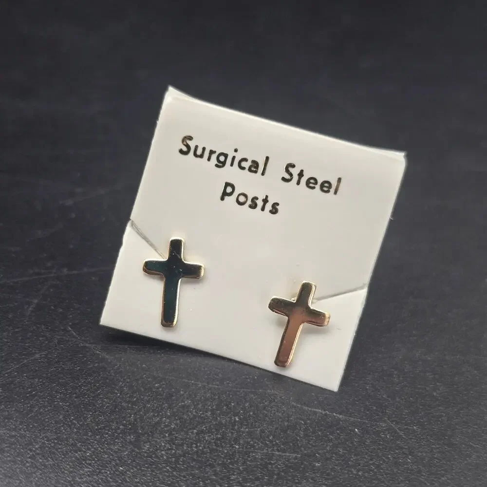 Gold Tone Cross Stud Earrings Surgical Steel Posts Religious Dainty Jewelry